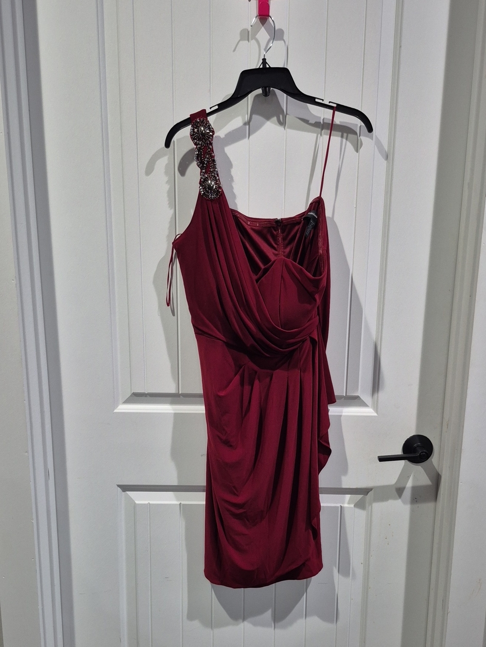 R&M Richards Wine One-Shoulder Cocktail Dress with Beaded Shoulder